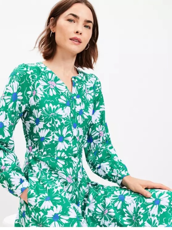 LOFT Dresses & Skirts - LOFT Floral Balloon Sleeve Button Down Midi Pocket Dress